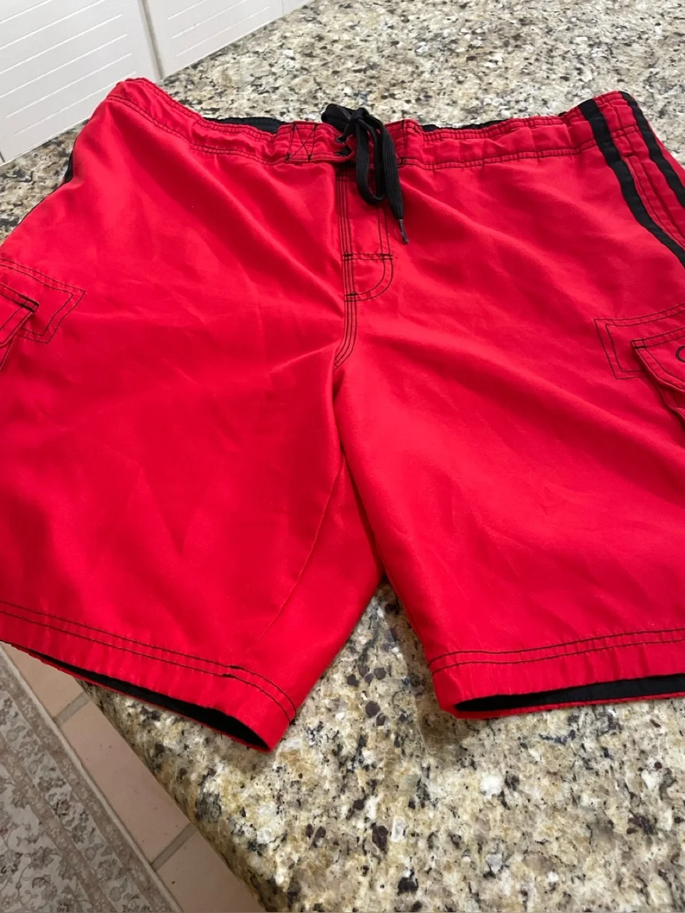 Men’s OP red & black Mesh Lined Swim Shorts with cargo pockets black drawstring